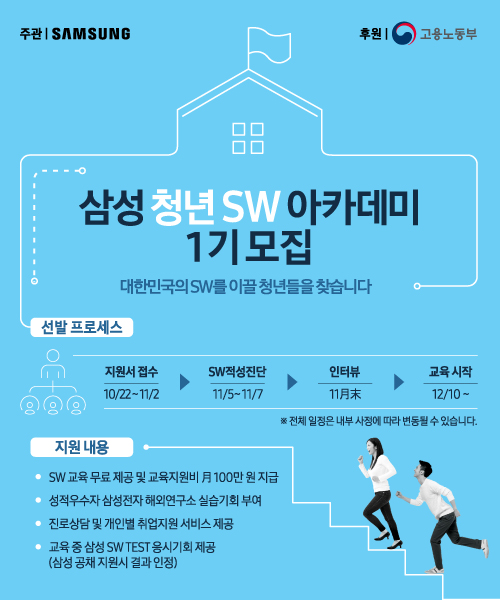 대한민국의 미래, 청년들의 꿈을 응원합니다. 삼성 청년 SW아카데미1기모집 모집기간 10월22일(월)-11월02일(금)